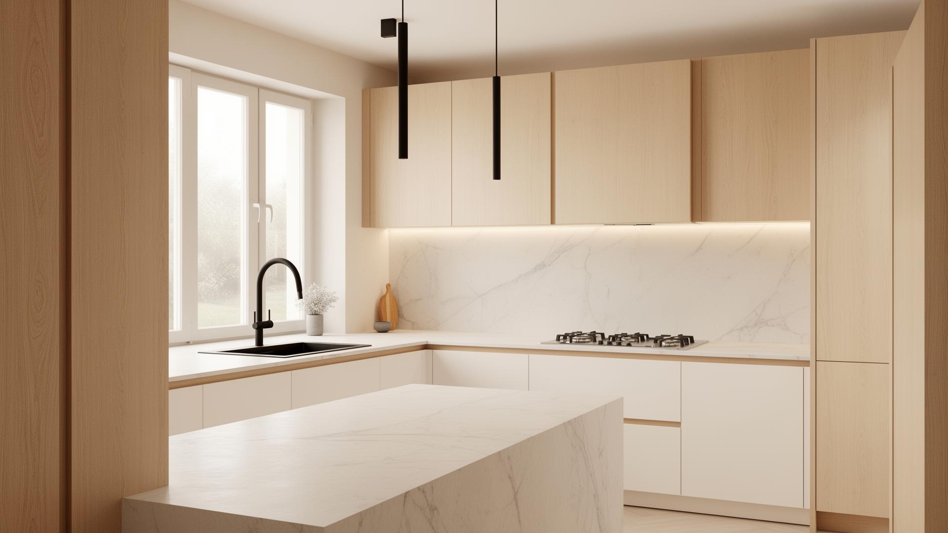 Luxury modern kitchen renovation with marble island and oak cabinetry